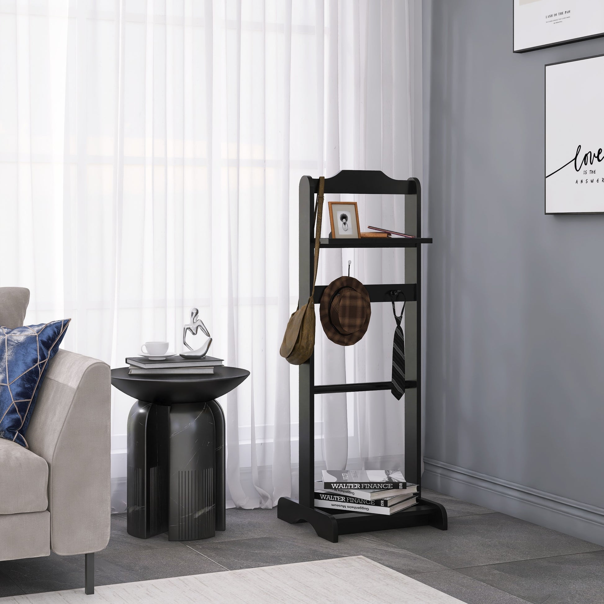 Black wooden coat rack with hat bag and tie accessories