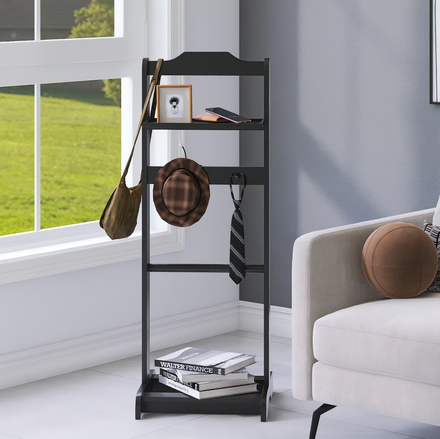 Tall black entryway organizer with hat tie and bag hooks