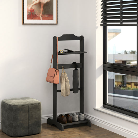 Dark gray wood entryway organizer with hooks and shelves for accessories