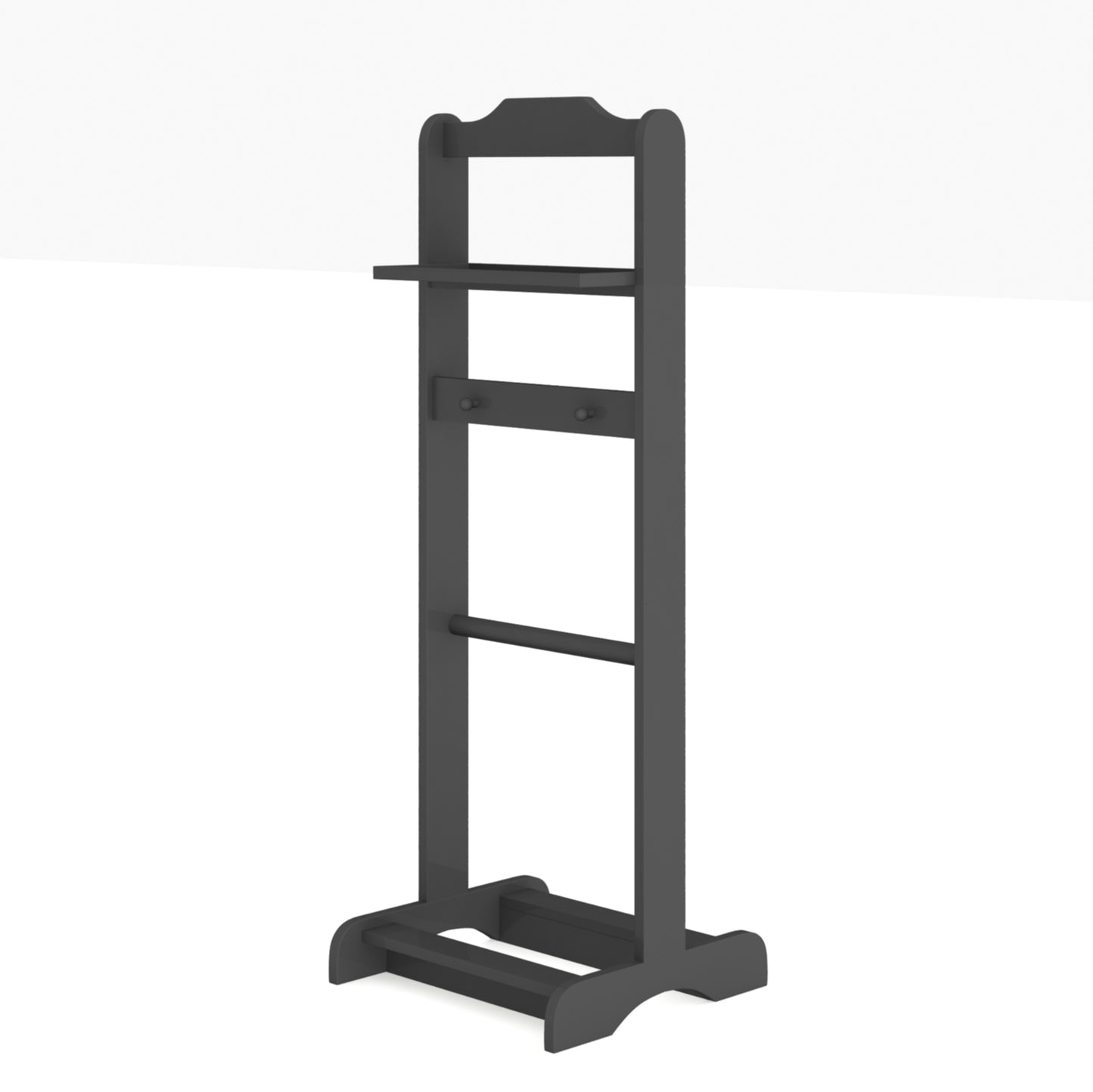 Dark gray wooden valet stand with shelves and hooks