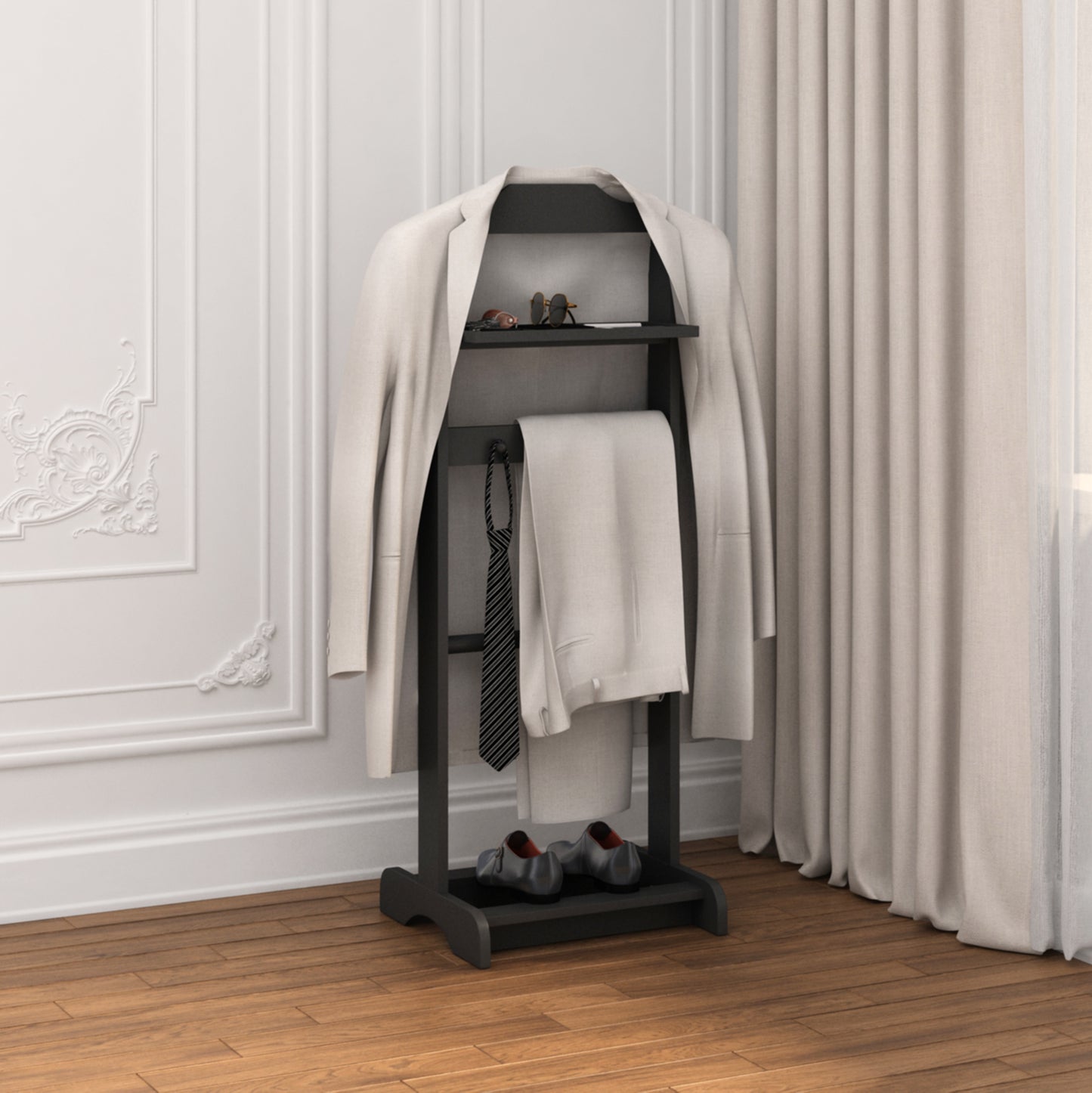 Black wooden valet stand with white suit tie and grey shoes
