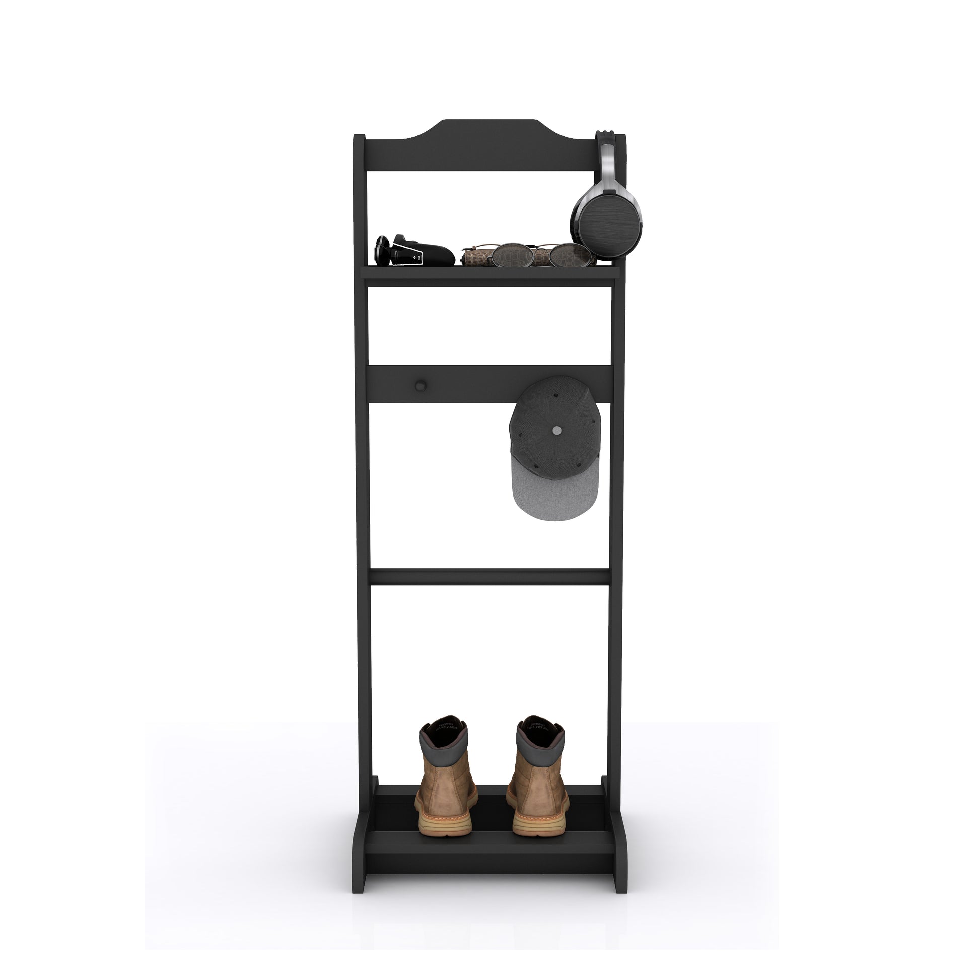 Black entryway organizer holding headphones sunglasses and boots
