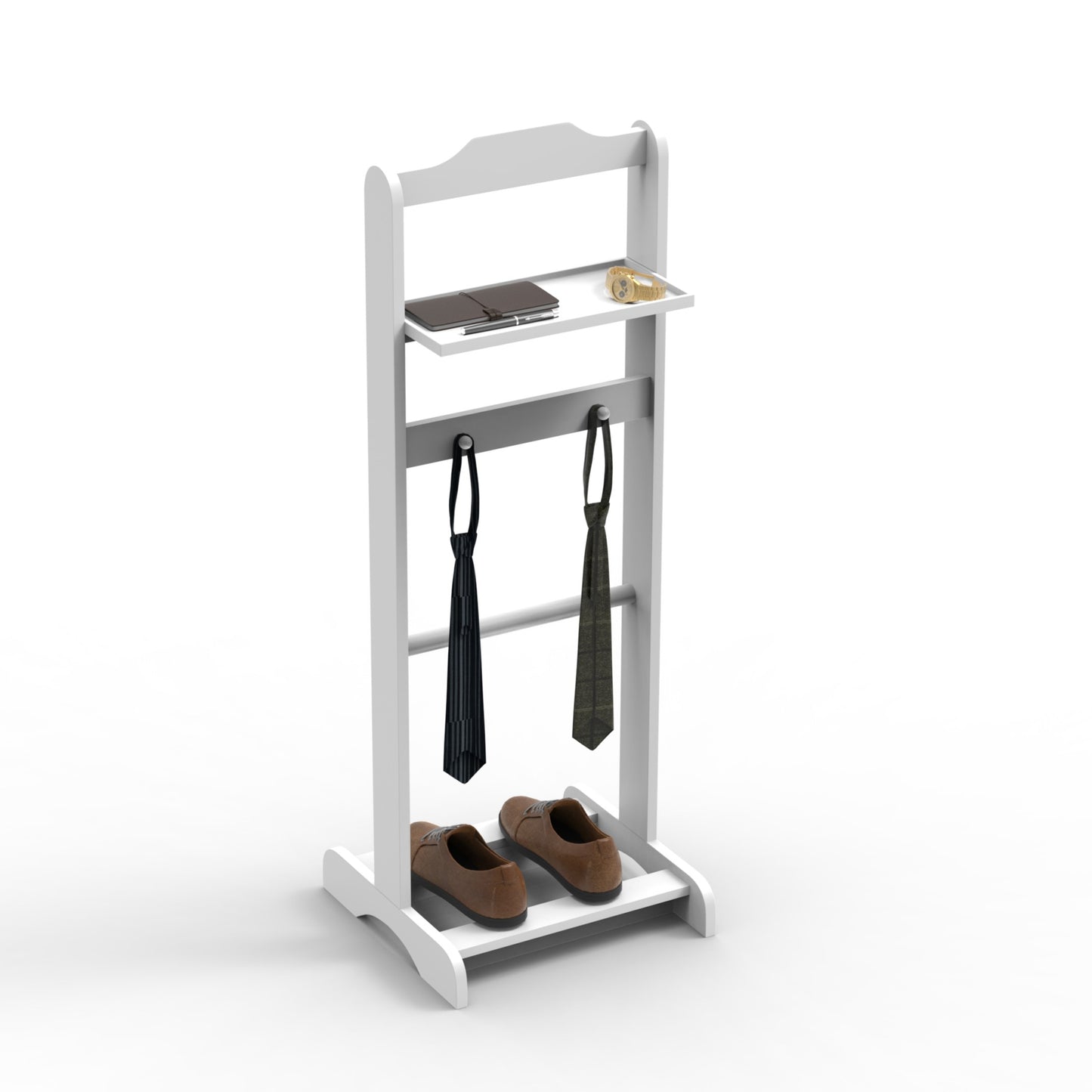 White valet stand with two hanging ties and brown shoes