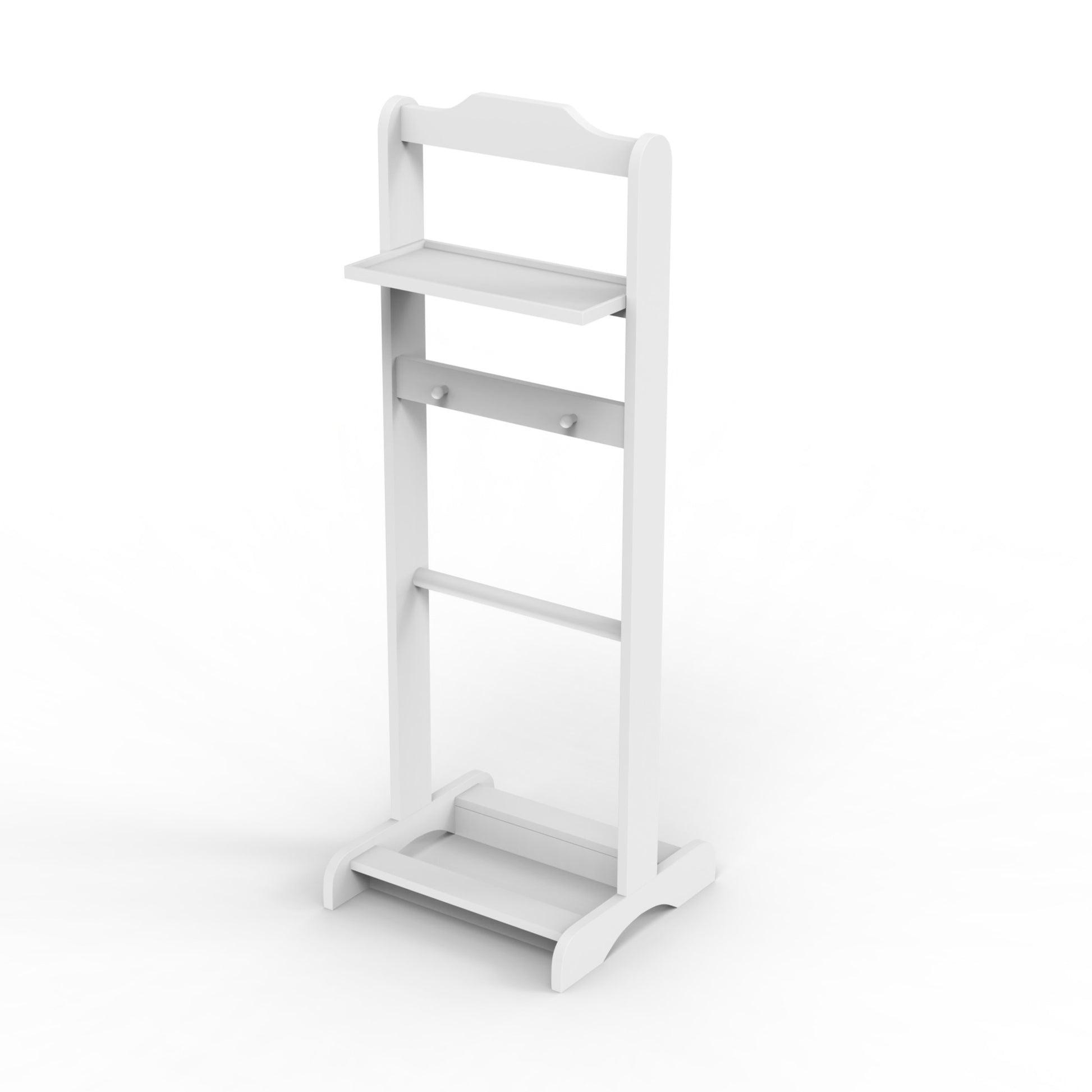 White valet stand with shelf and hooks