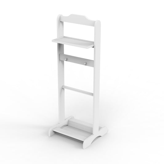 White valet stand with shelf and hooks