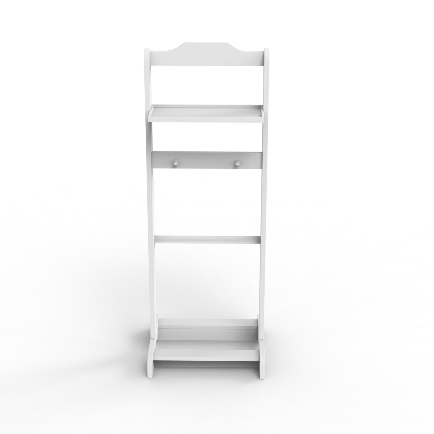 White wooden valet stand with shelf and two hooks