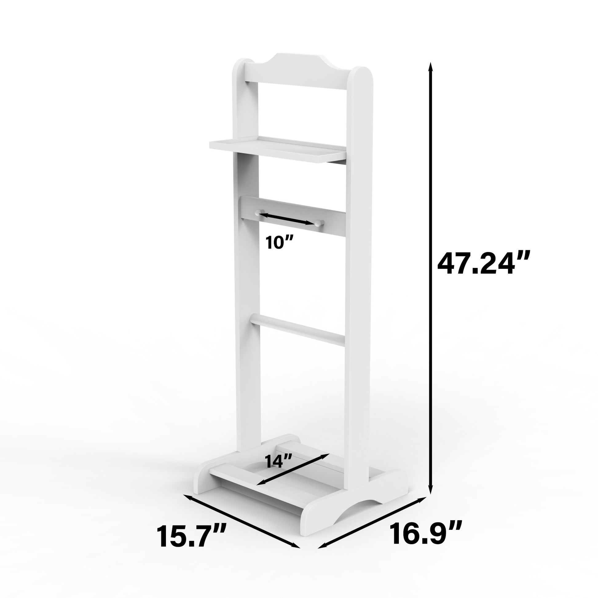 White valet stand with two shelves and a hanging bar
