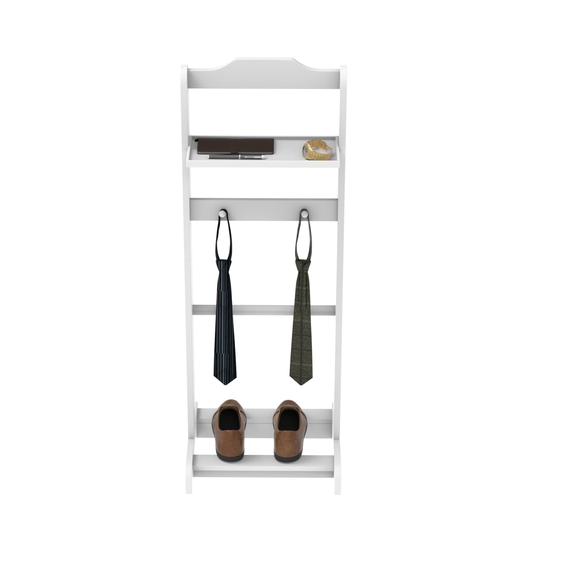 White entryway organizer with two ties and two shoes displayed