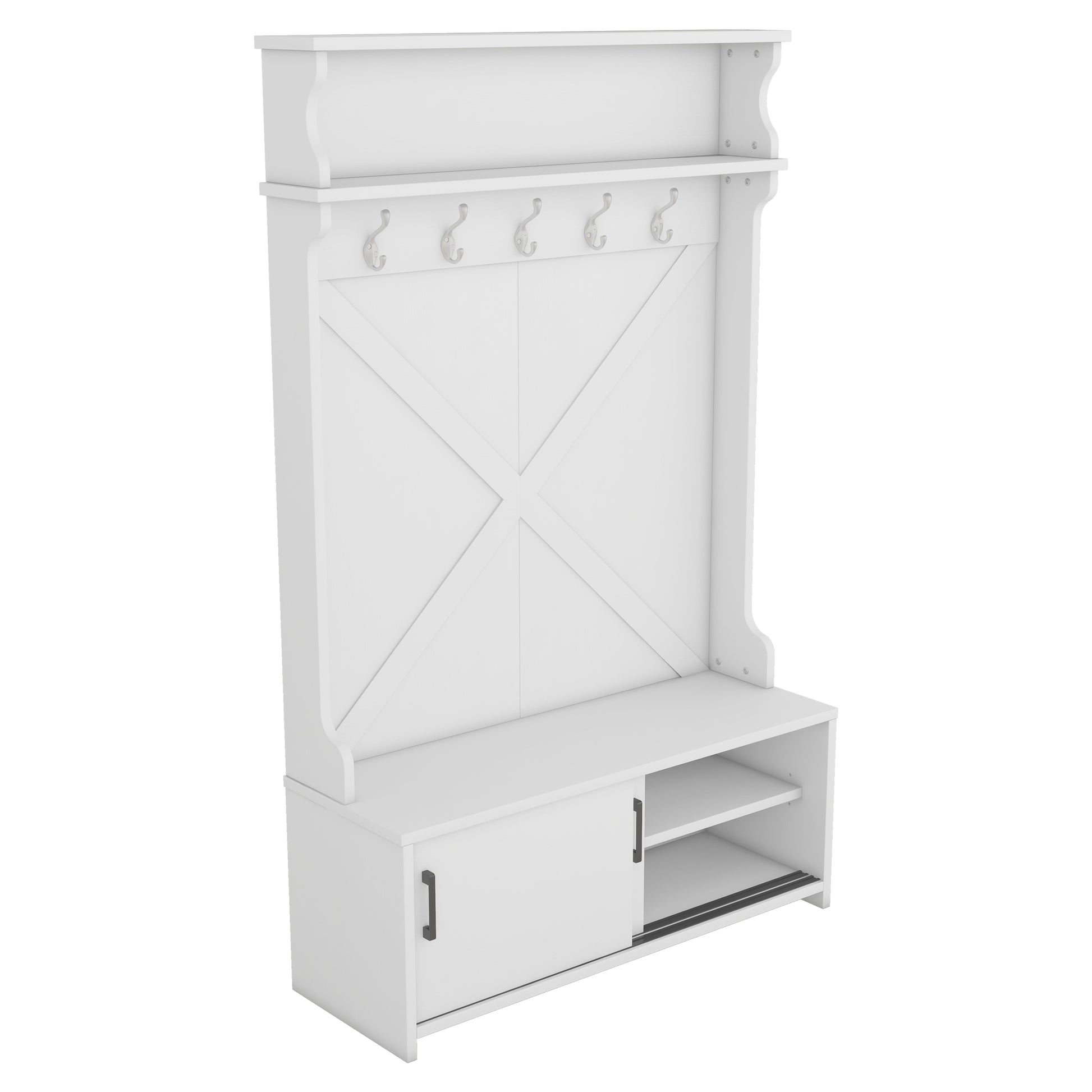 White entryway bench with coat hooks and sliding cabinet doors