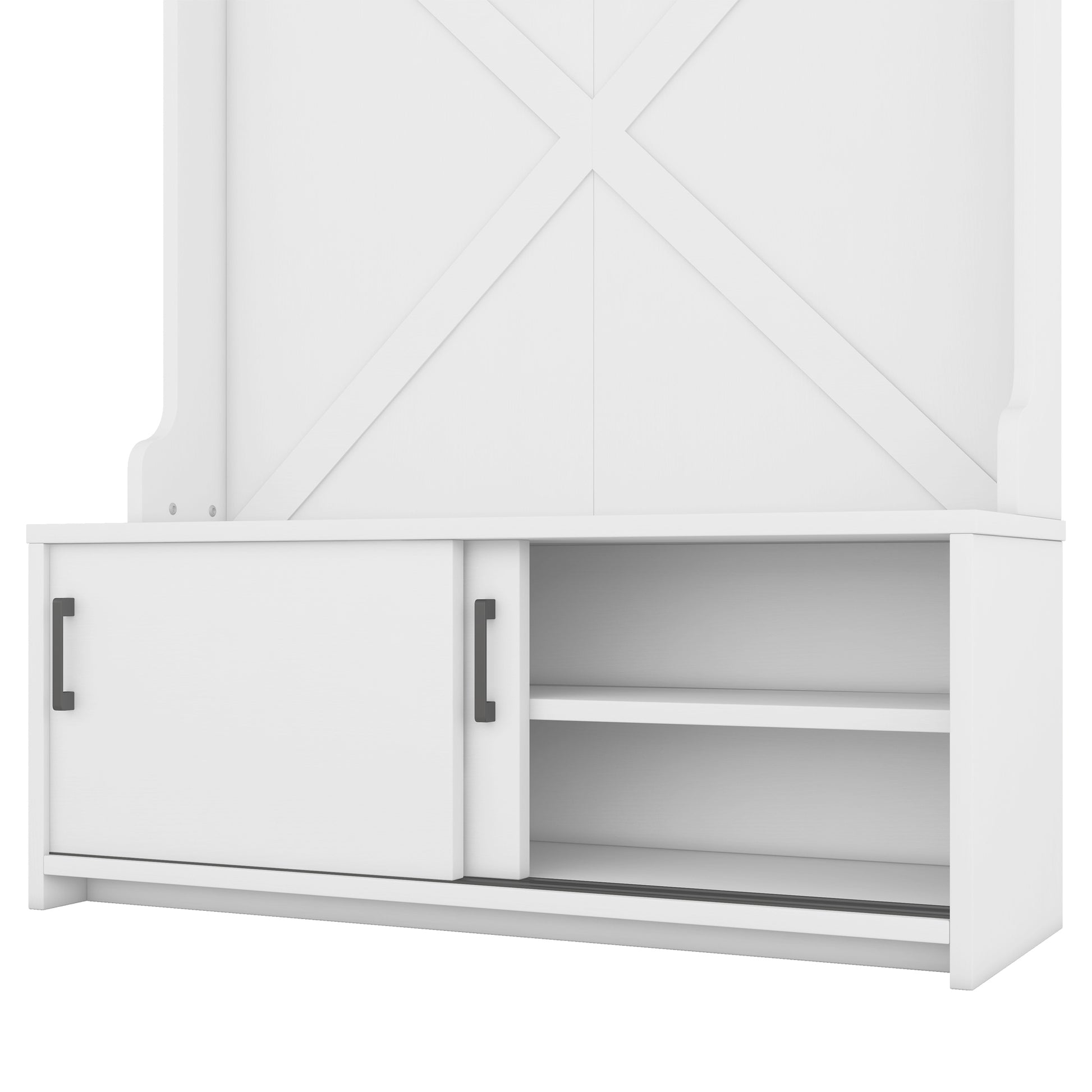 White wooden cabinet with sliding door and open shelves