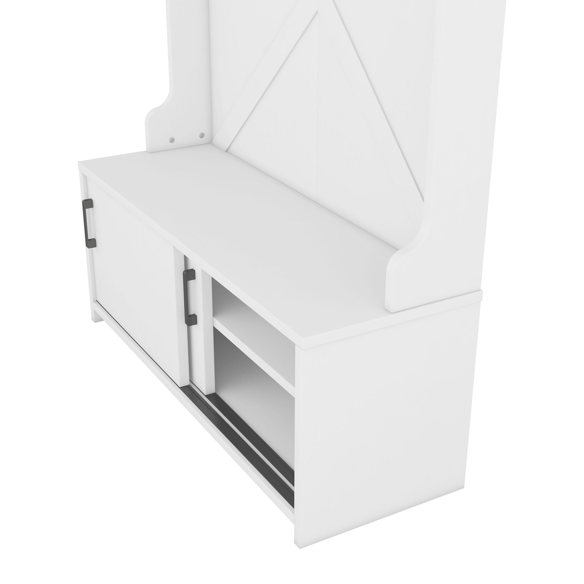White entryway bench with sliding cabinet doors and open shelves