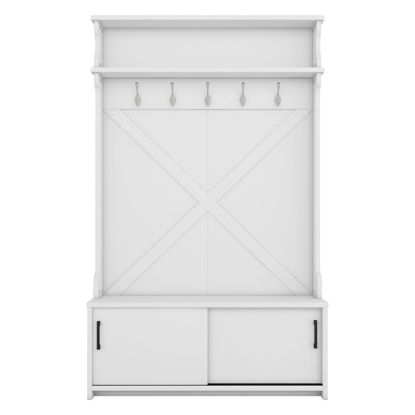 White wooden hall tree with five coat hooks and two storage cabinets