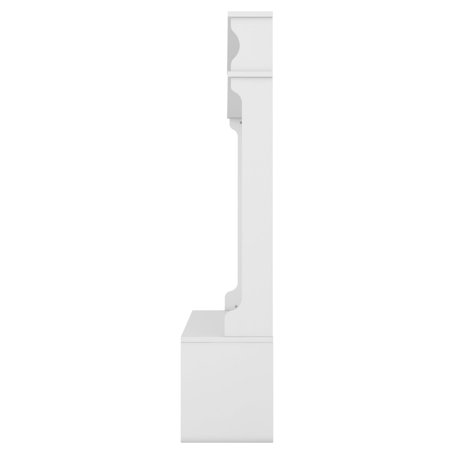 White corner shelf unit with tiered levels and decorative scalloped edges
