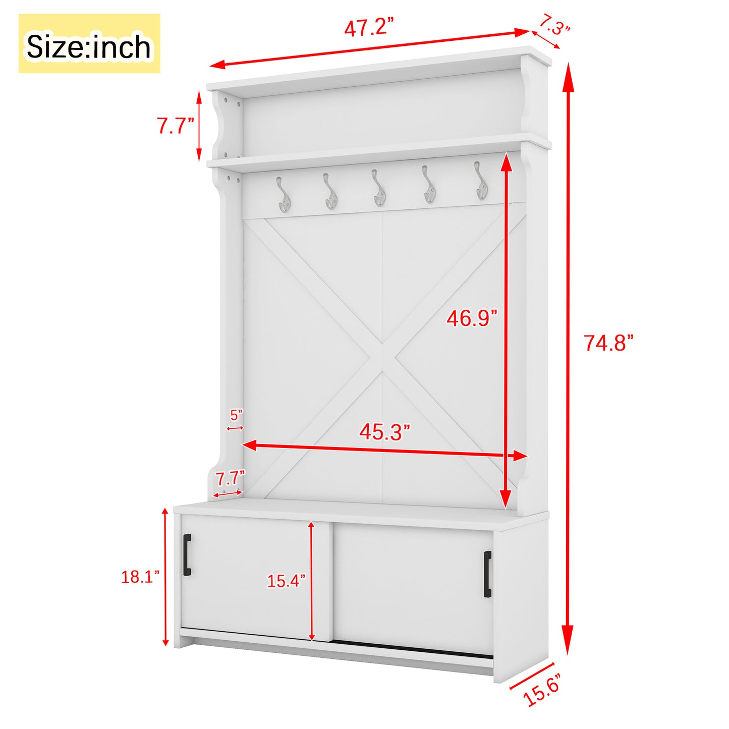 White hall tree with coat hooks and sliding shoe cabinet