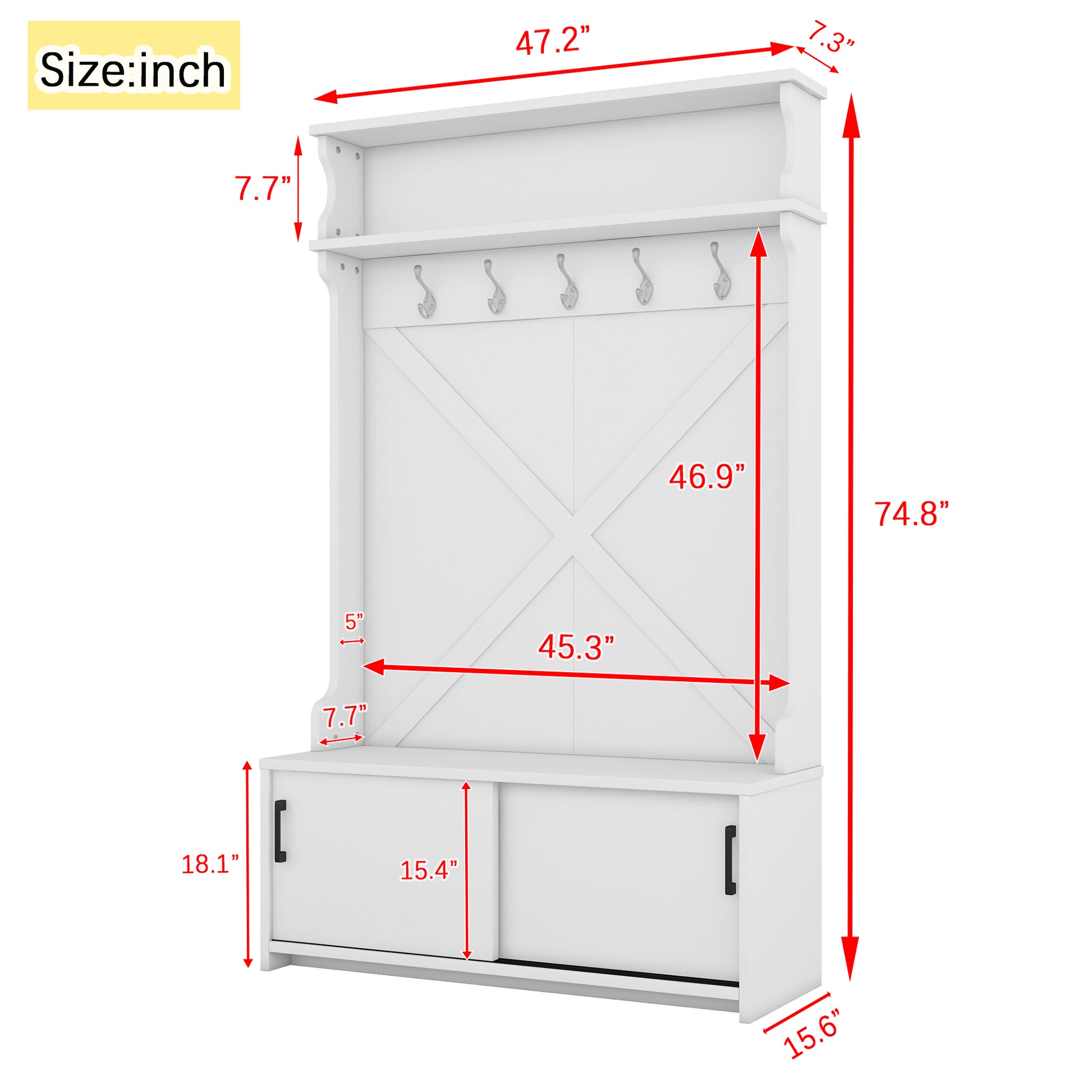 White hall tree with coat hooks and sliding shoe cabinet