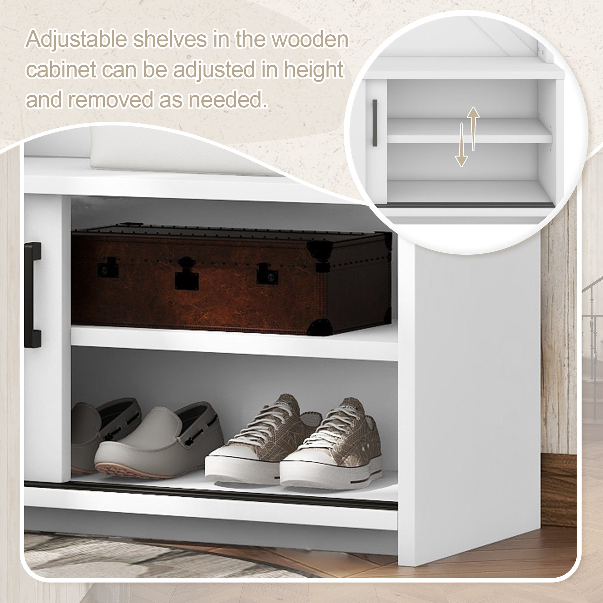 White modern shoe cabinet with adjustable shelves holding a trunk and footwear