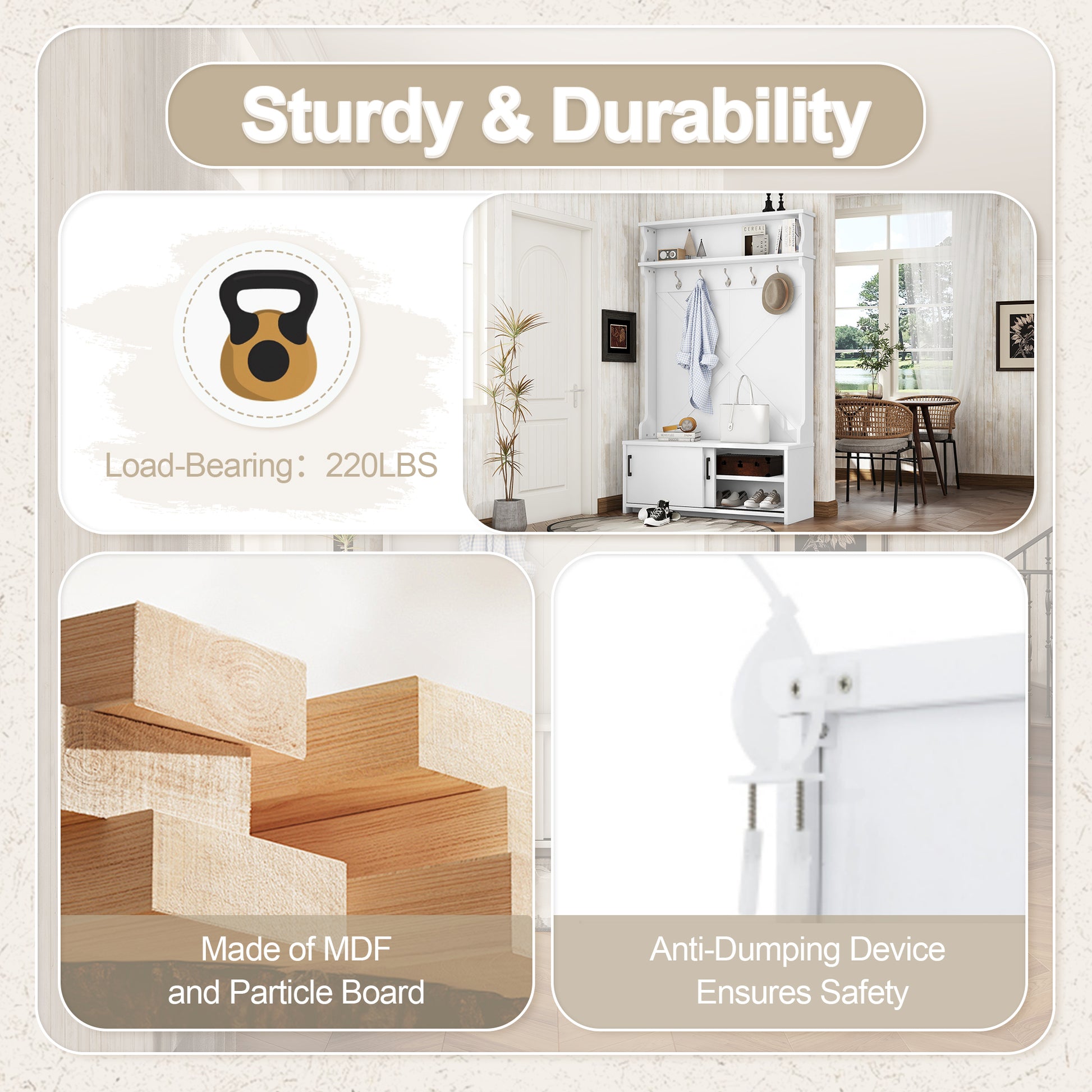Stylish white coat rack with shoe storage bench
