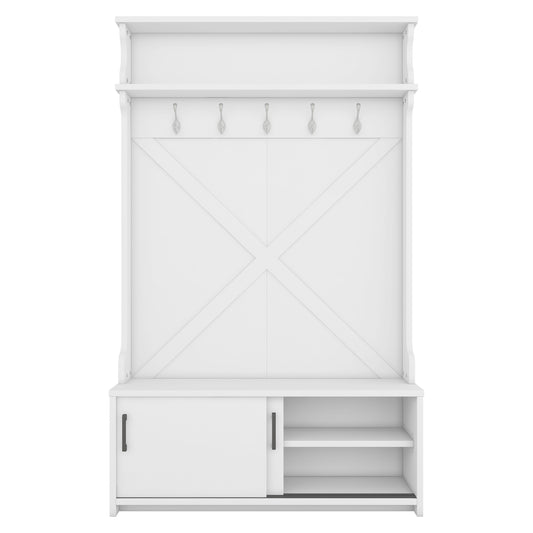 White wooden hall tree with coat hooks and shoe storage bench