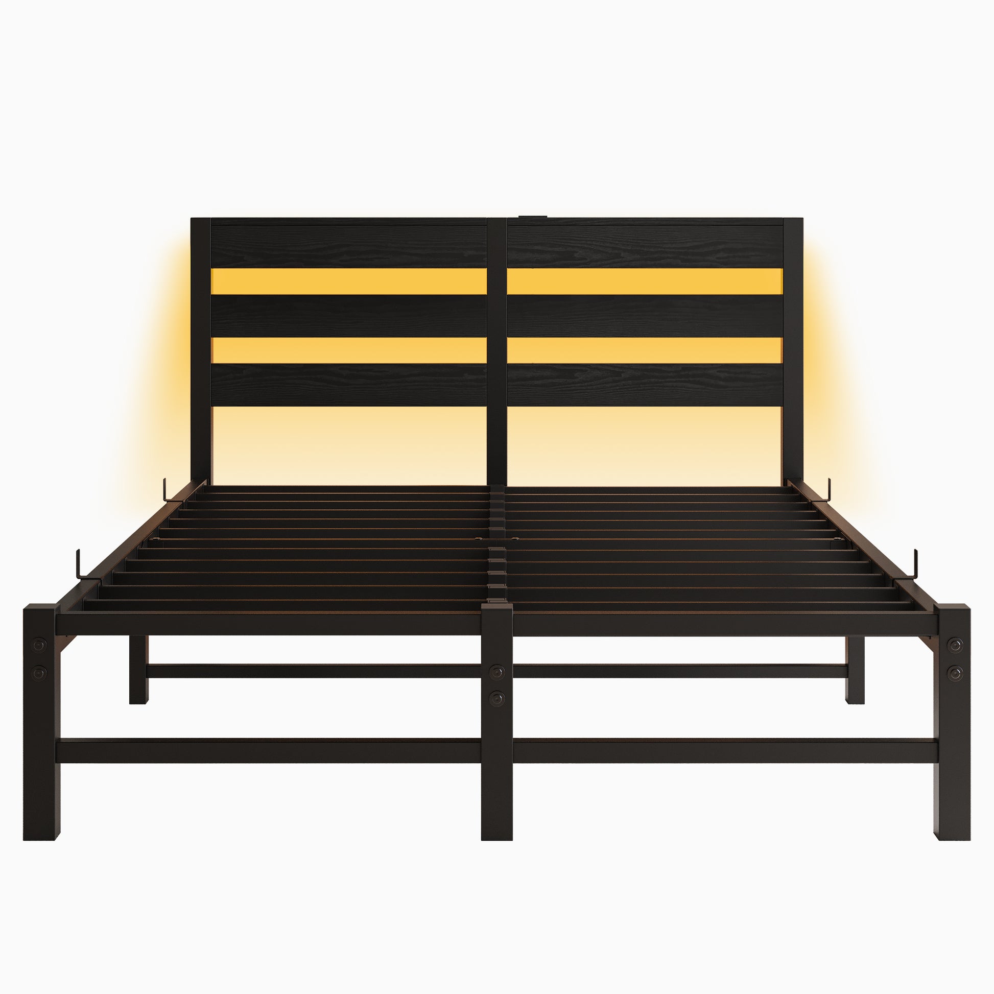 Black metal bed frame with modern horizontal wood slats and integrated LED lighting