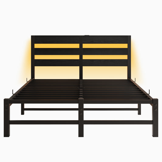 Black metal bed frame with modern horizontal wood slats and integrated LED lighting