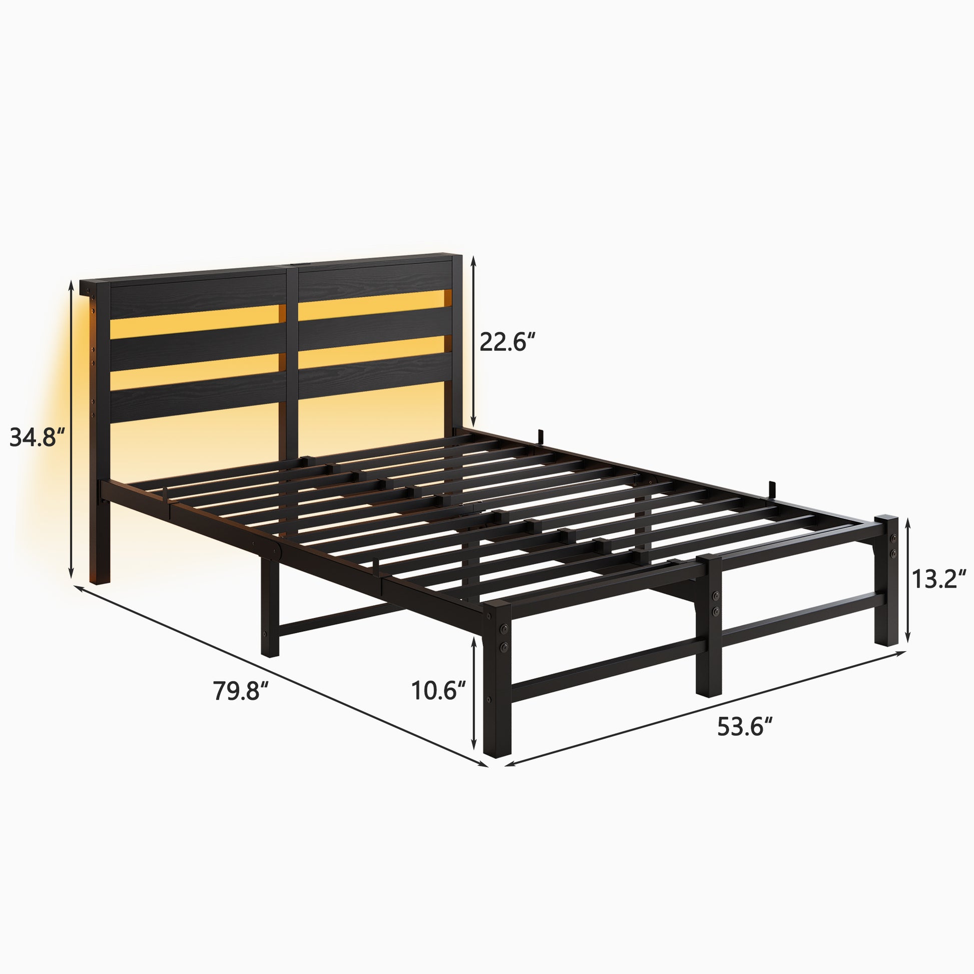 Black metal platform bed frame with LED headboard