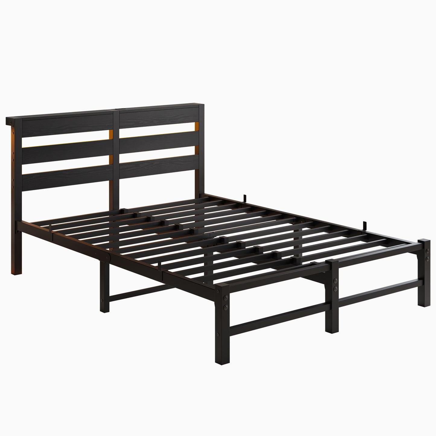 Black metal bed frame with wooden slat headboard