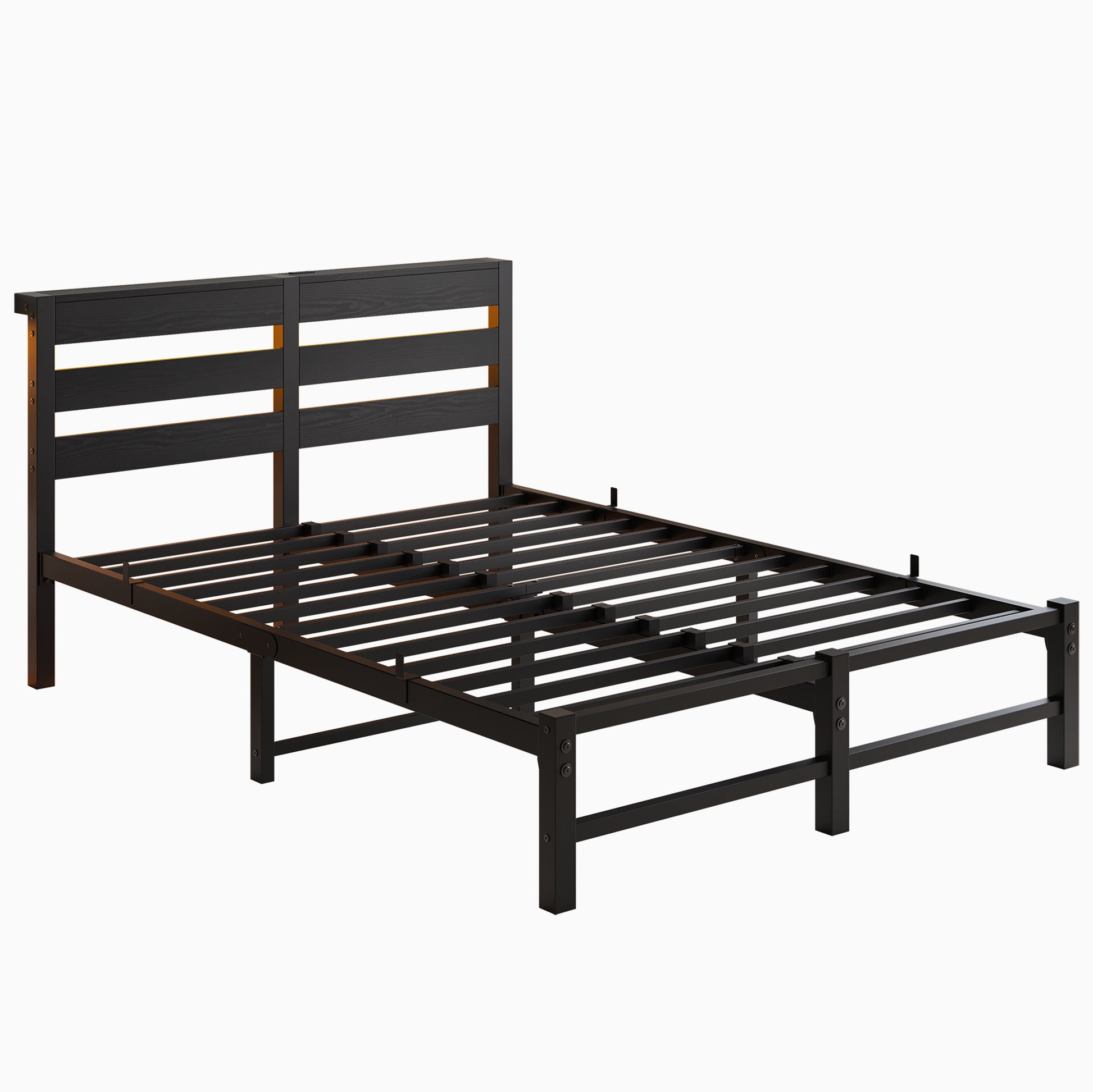 Black metal bed frame with wooden slat headboard