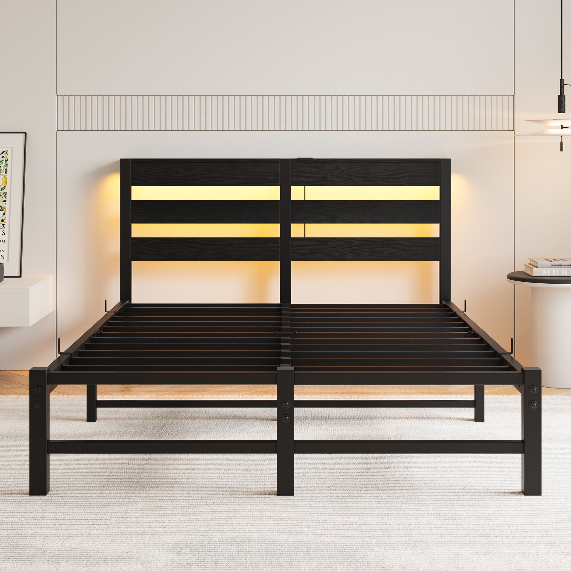 Black metal bed frame with integrated LED headboard lighting