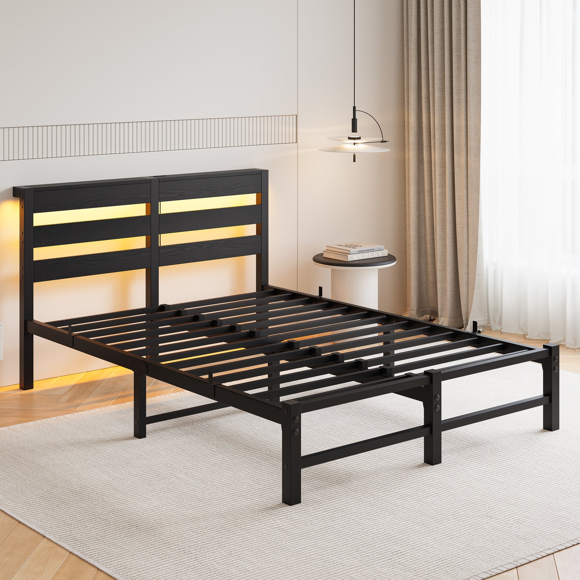 Black metal bed frame with slatted headboard and integrated LED lighting