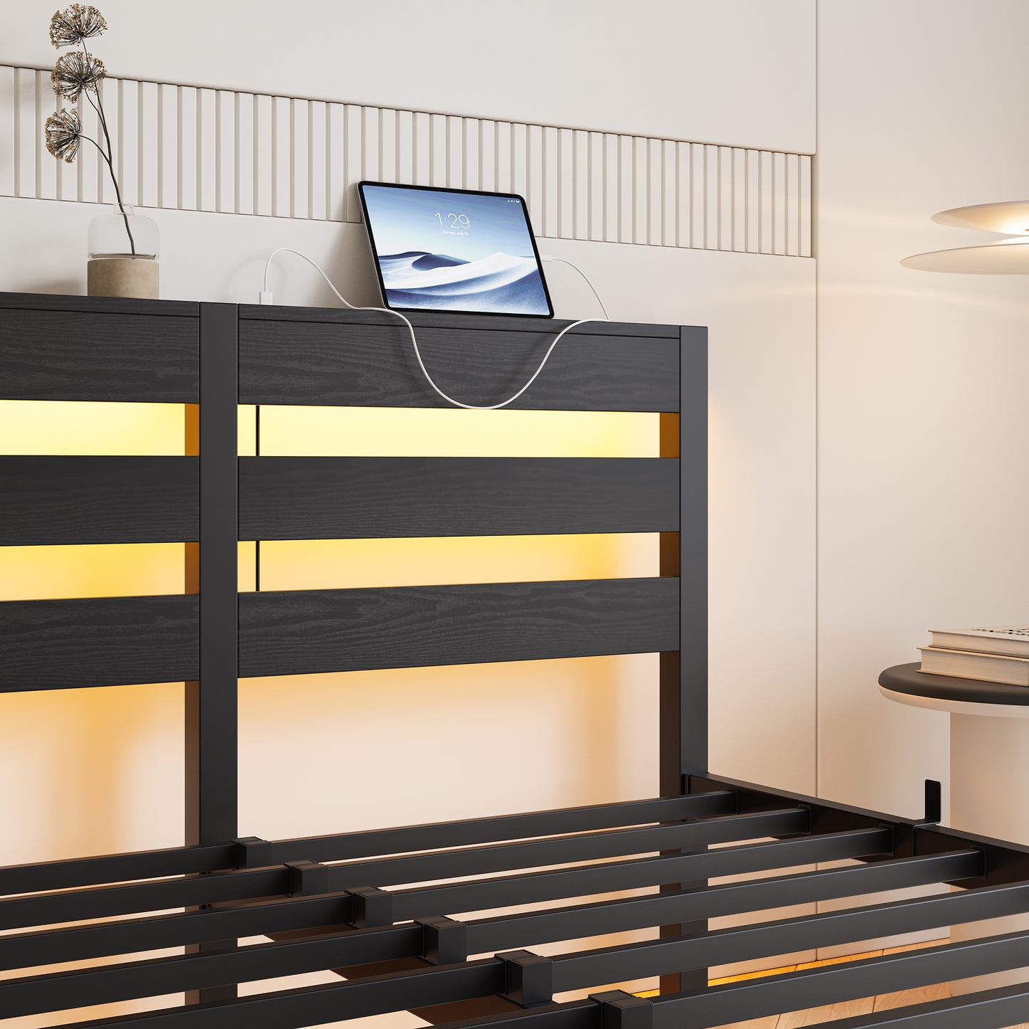 Black wood and metal platform bed frame with builtin LED lighting