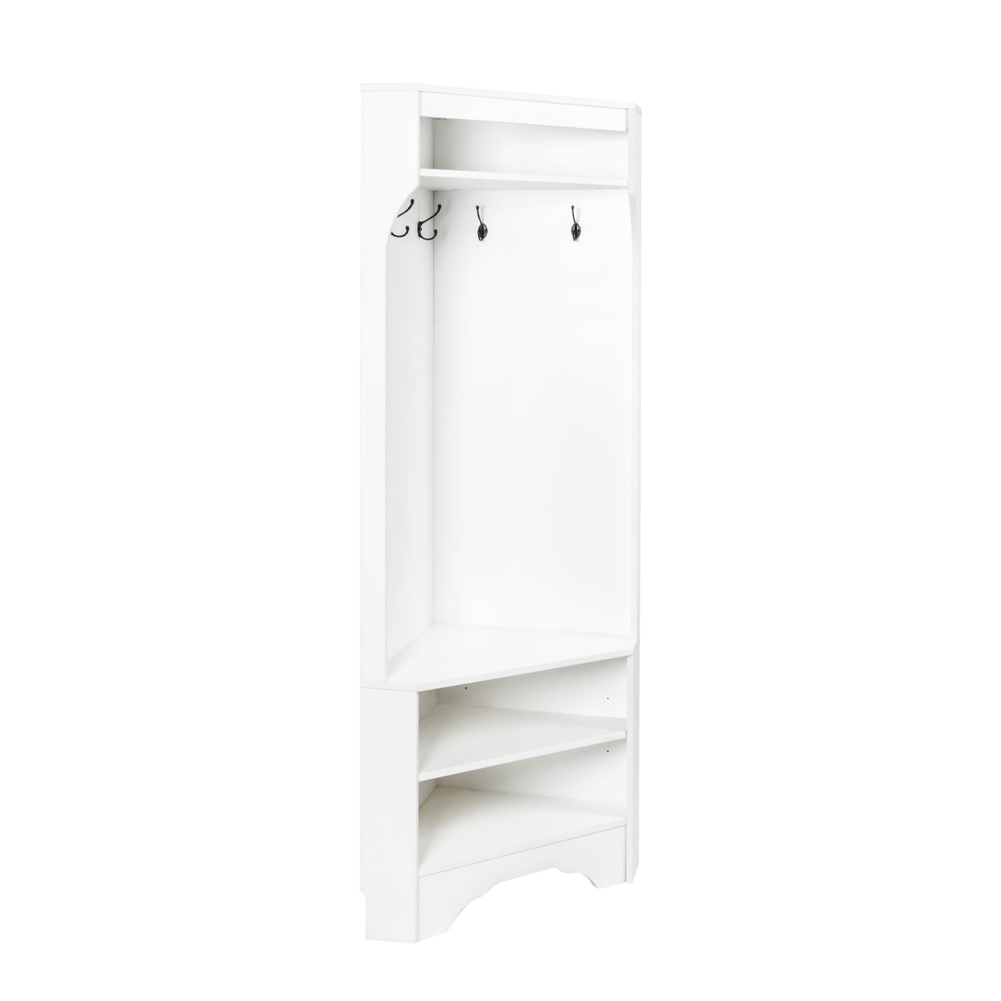 White corner hall tree with coat hooks and shoe shelves