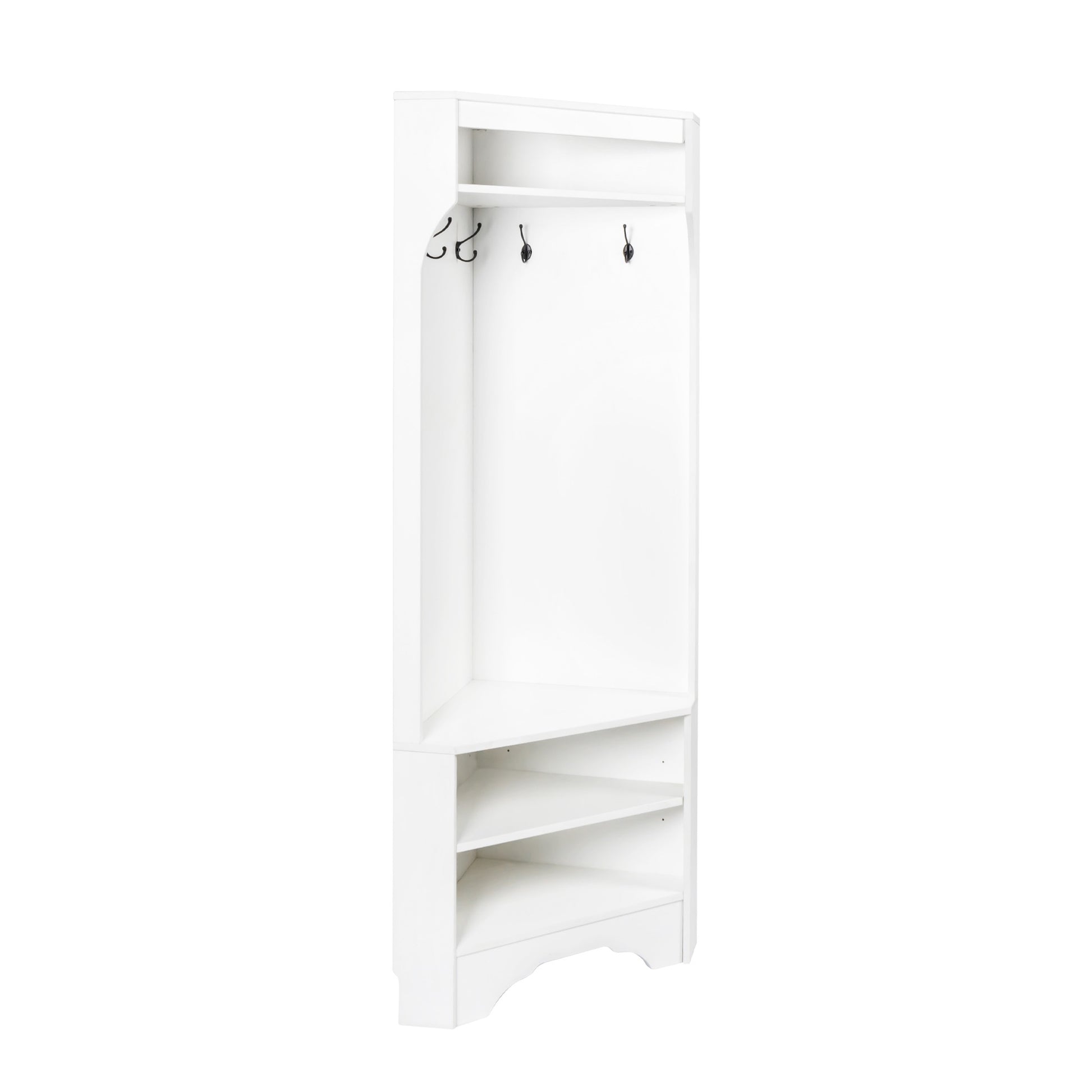 White corner hall tree with coat hooks and shoe shelves
