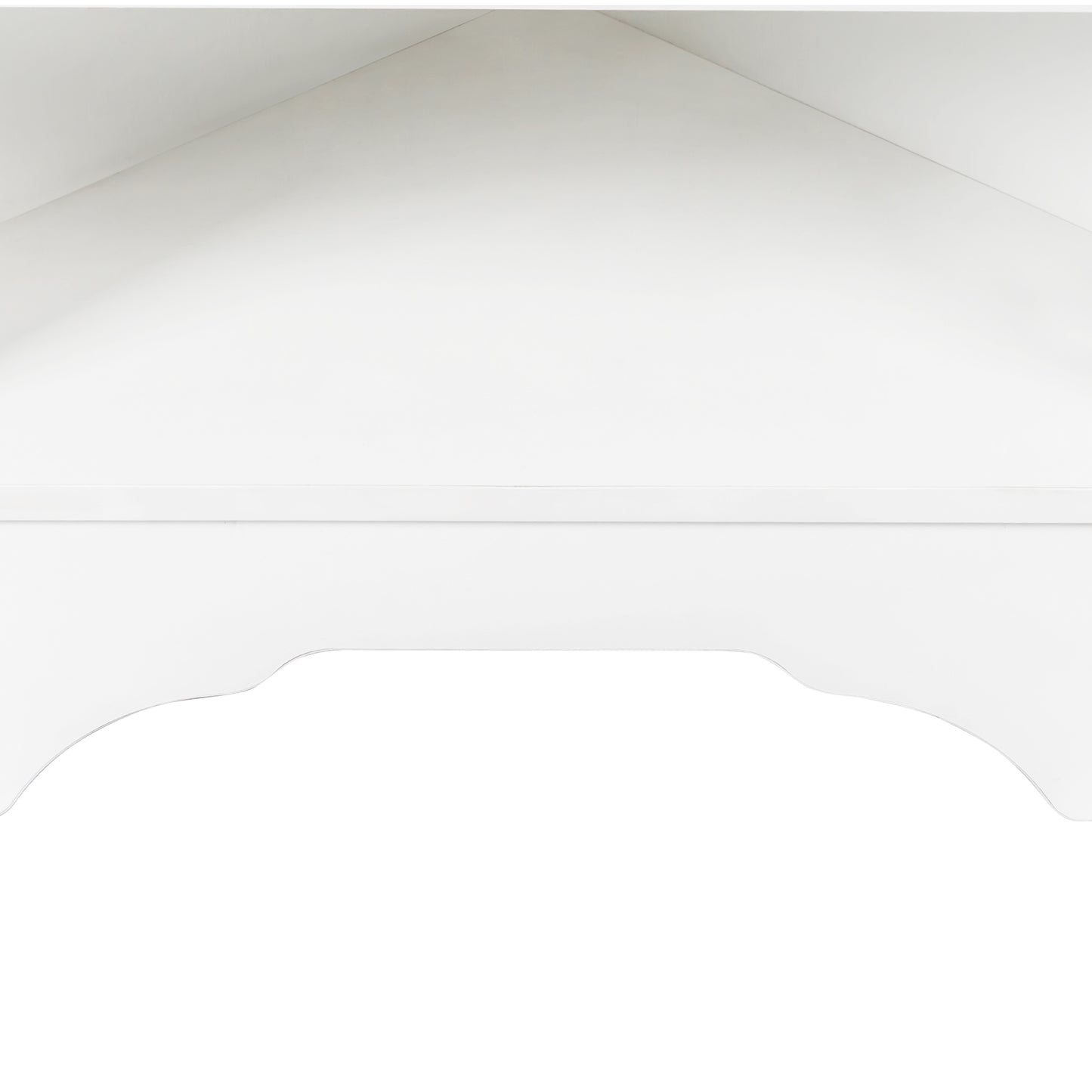 White wood vent hood with decorative carved edges