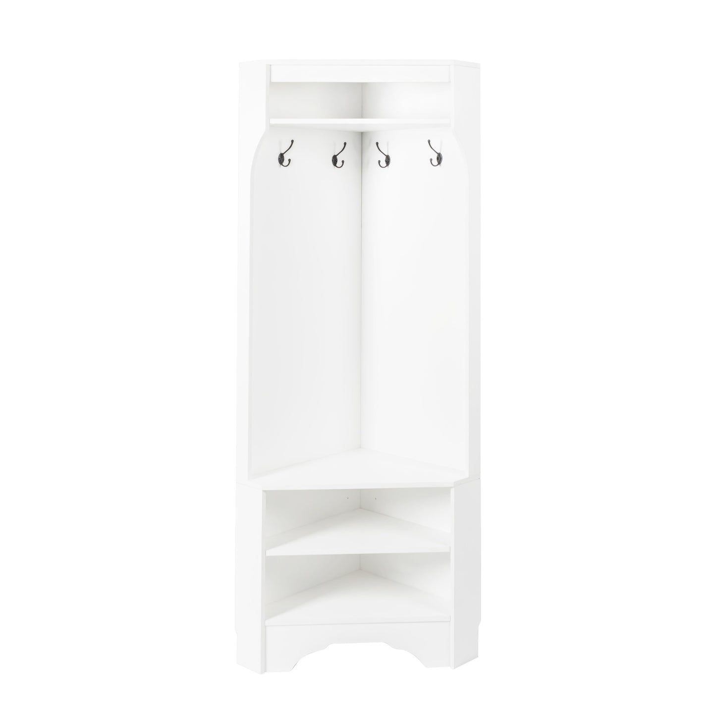 White corner hall tree with four coat hooks and three shelves