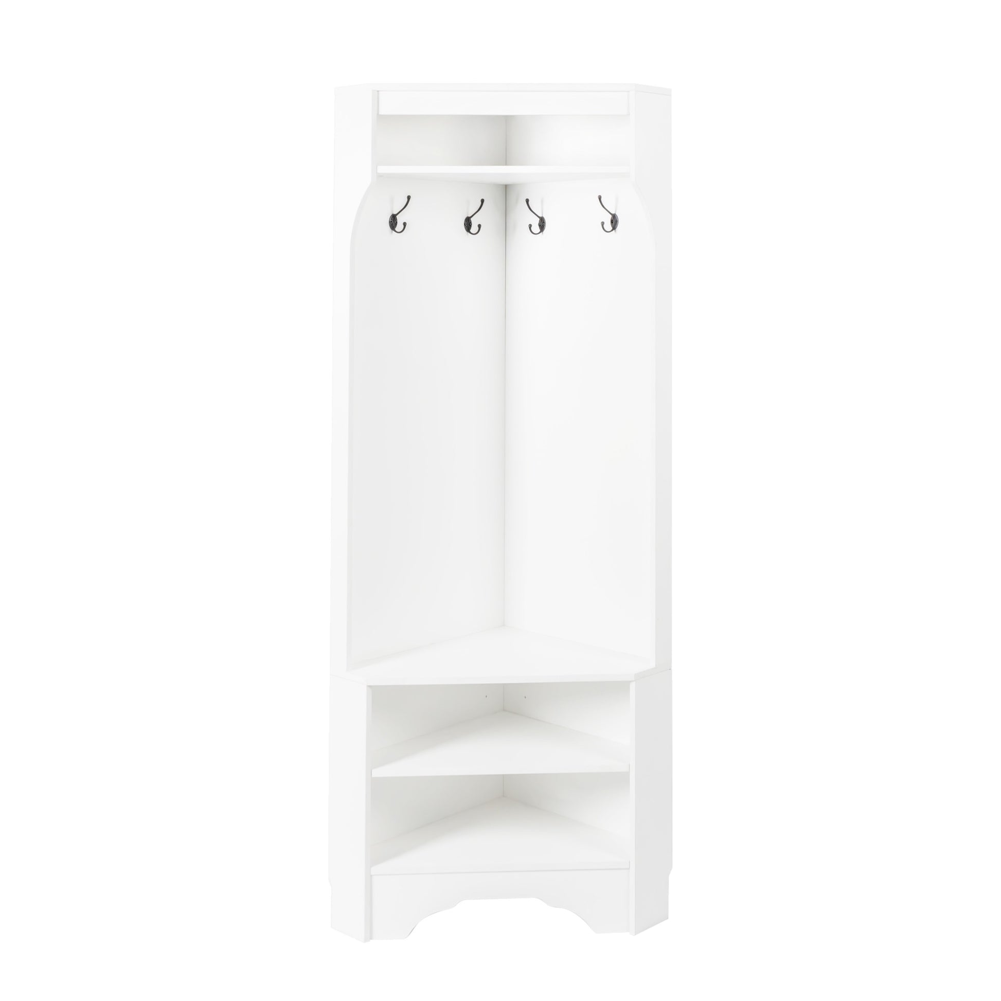 White corner hall tree with four coat hooks and three shelves