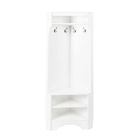 White corner hall tree with four coat hooks and three shelves