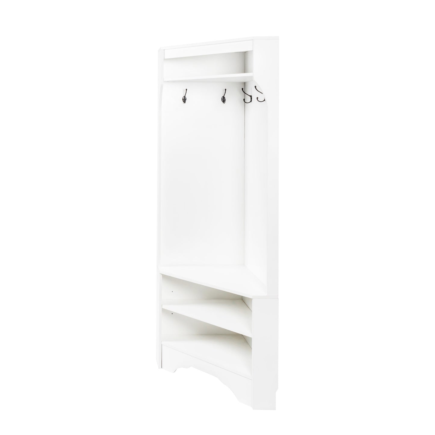 White corner hall tree with shelf and five black coat hooks