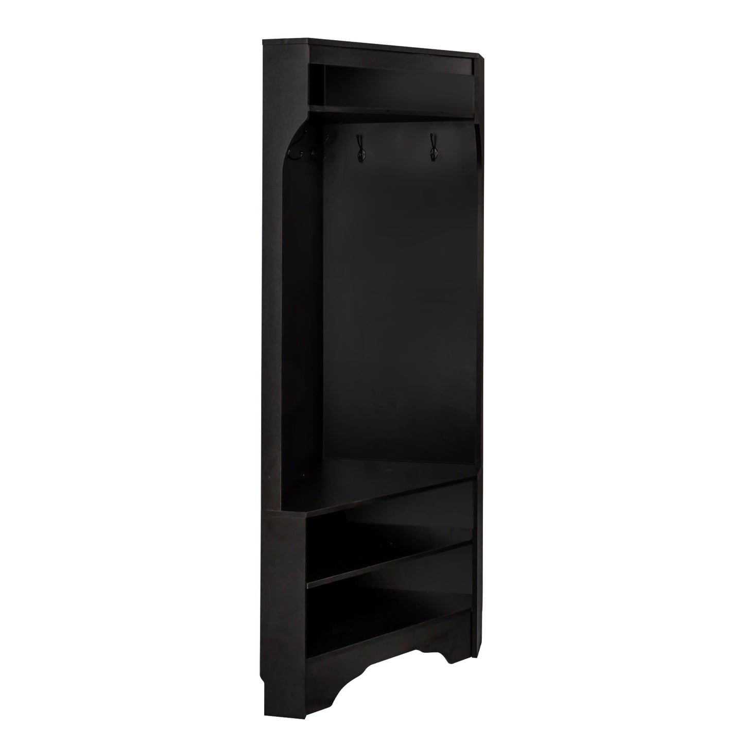 Tall black hall tree with hooks and shelves