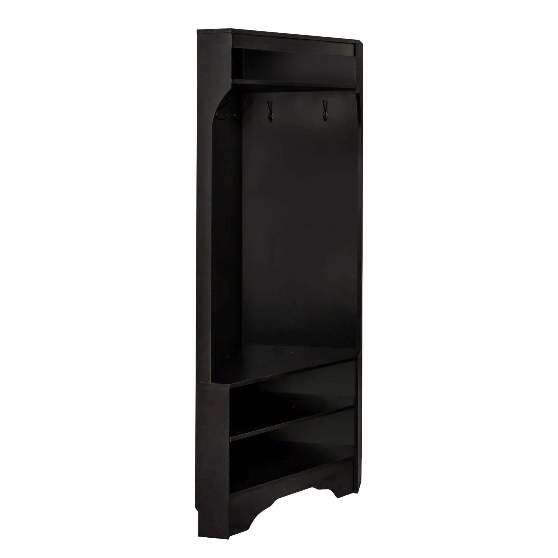 Tall black hall tree with hooks and shelves