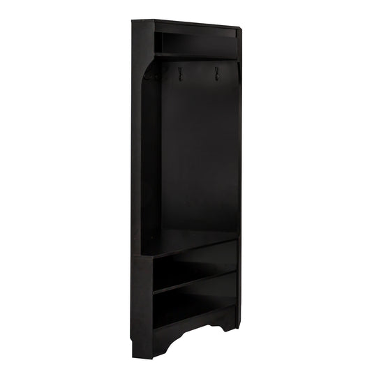 Tall black hall tree with hooks and shelves