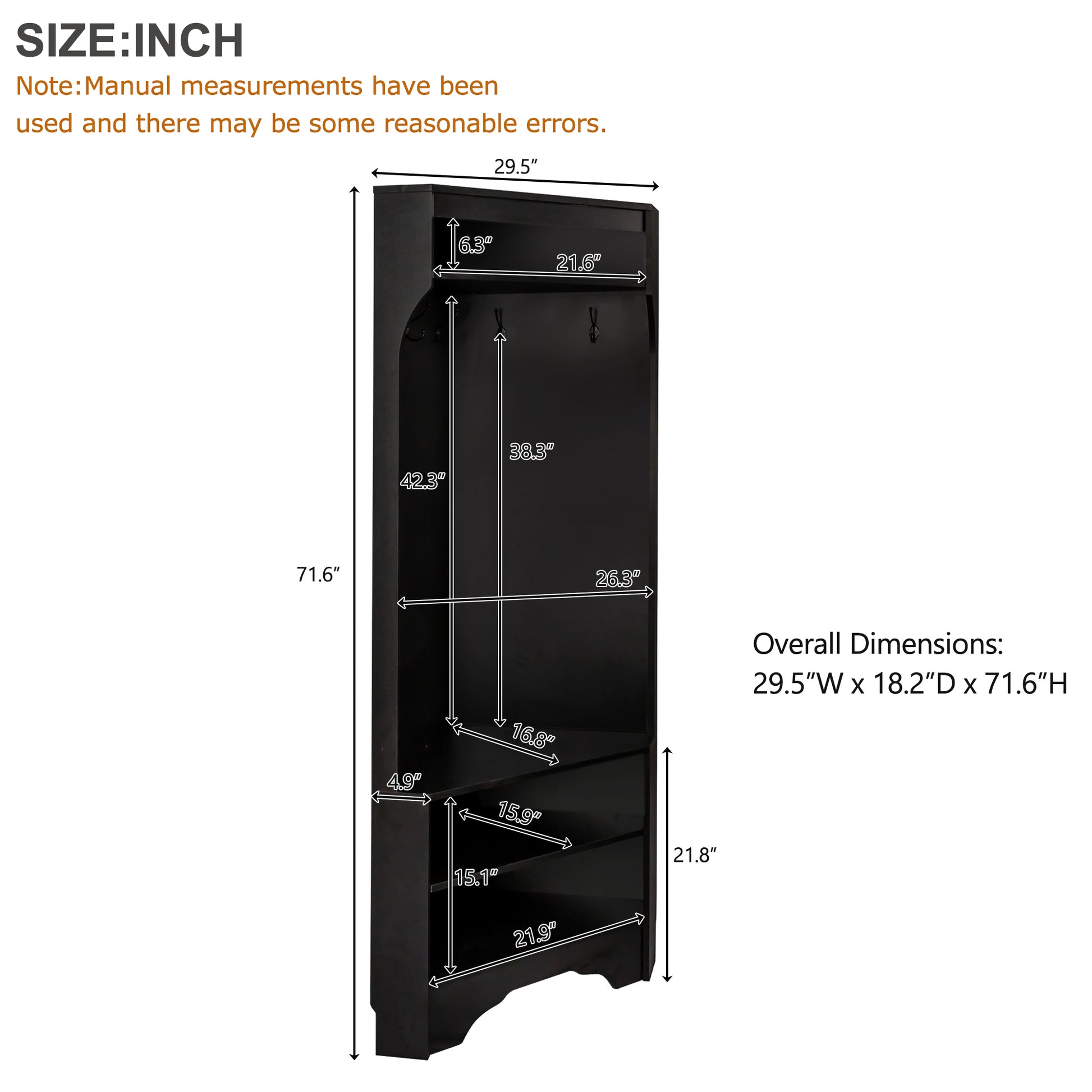 Black entryway storage cabinet with shelves and coat hooks