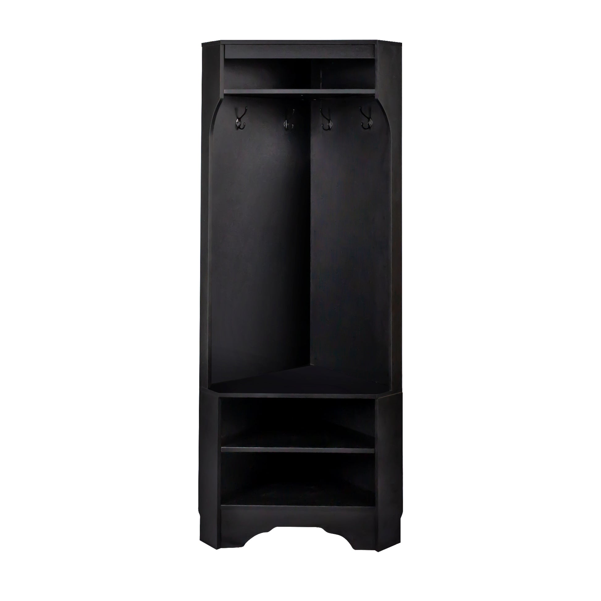 Black corner hall tree with coat hooks and shelves