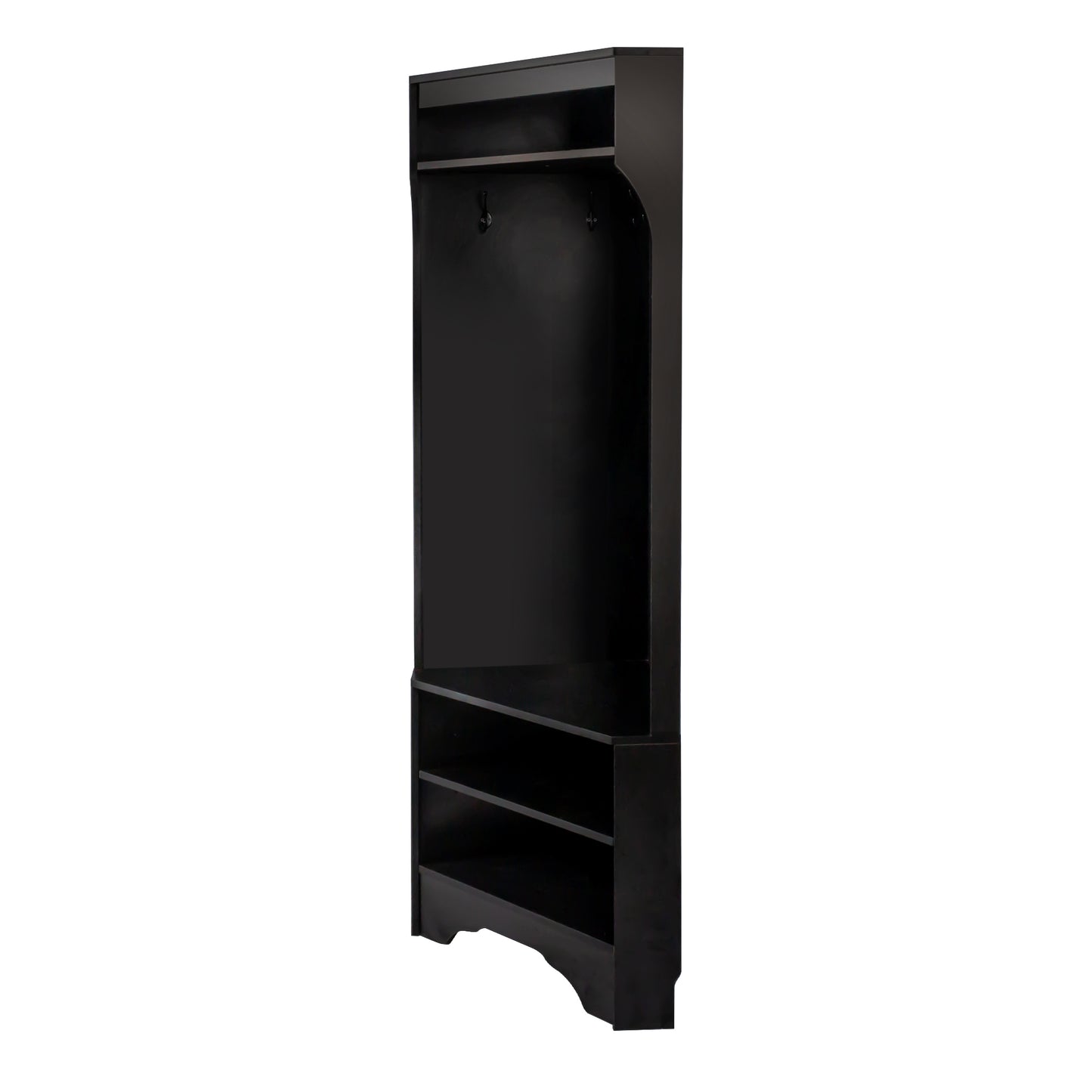 Black entryway hall tree with top shelf and two hooks