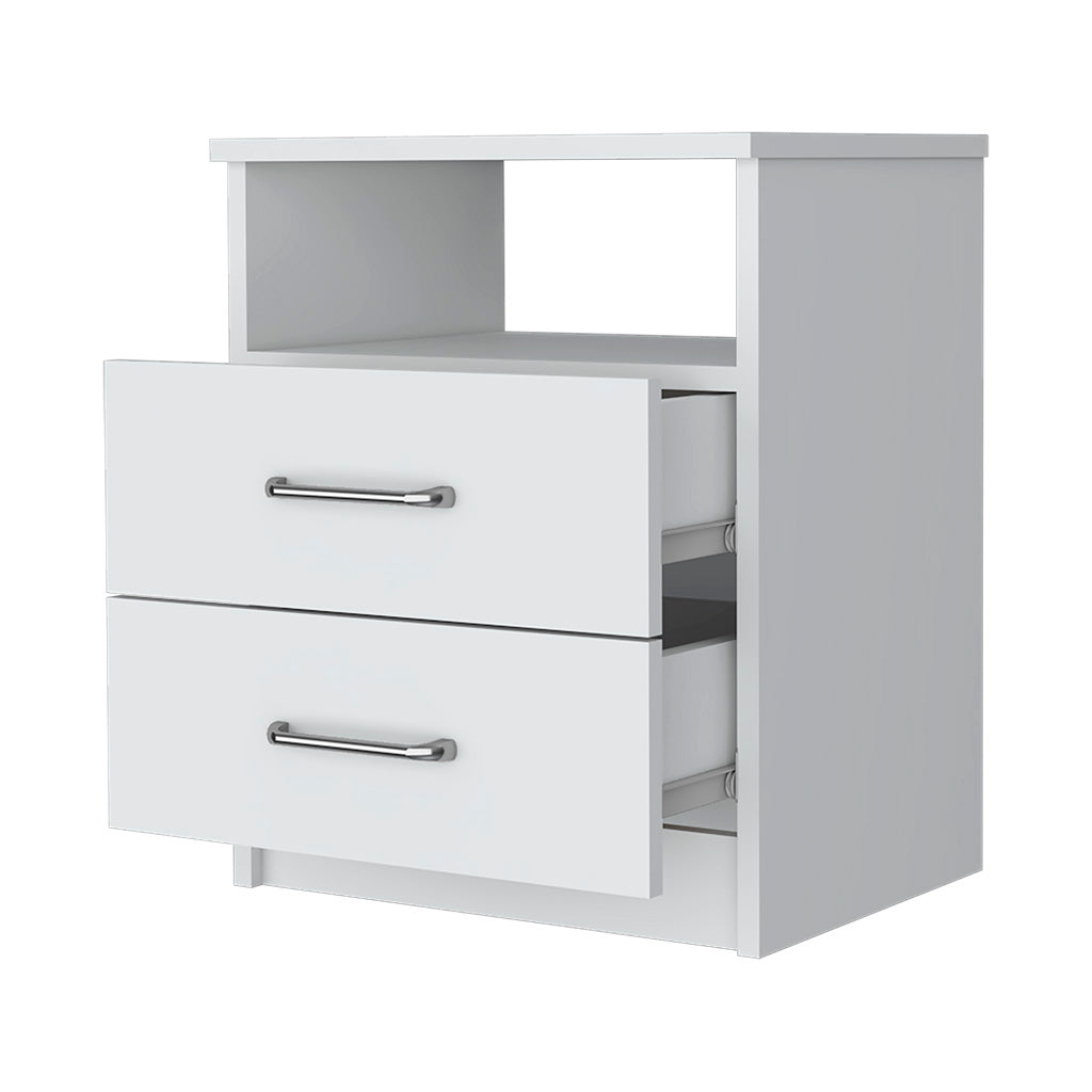 White twodrawer nightstand with open top shelf and chrome handles