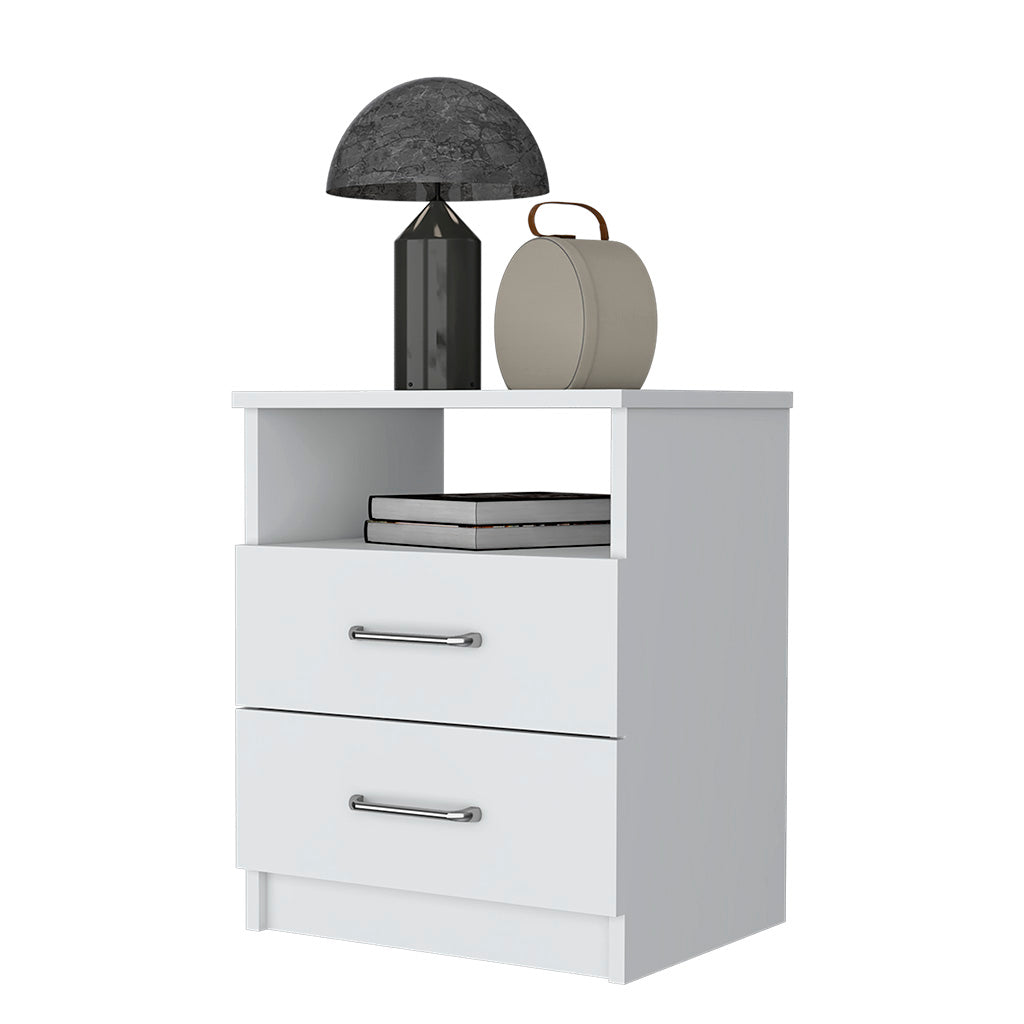 Modern white nightstand with two drawers and open shelf