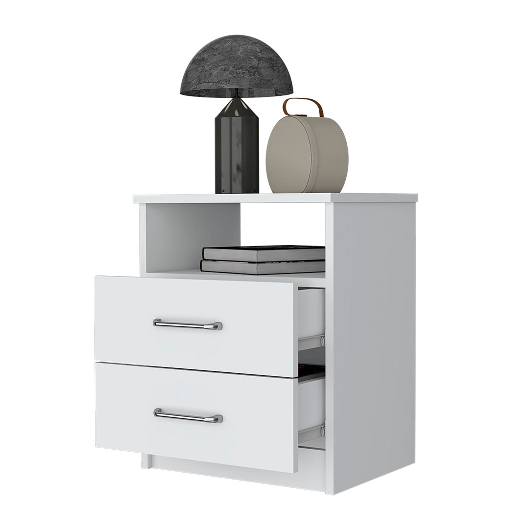 White modern bedside table with two drawers and an open shelf