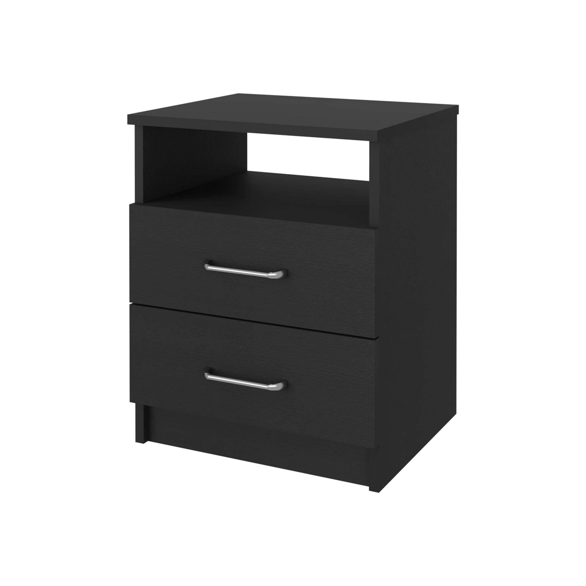Black modern twodrawer nightstand with silver handles and open shelf