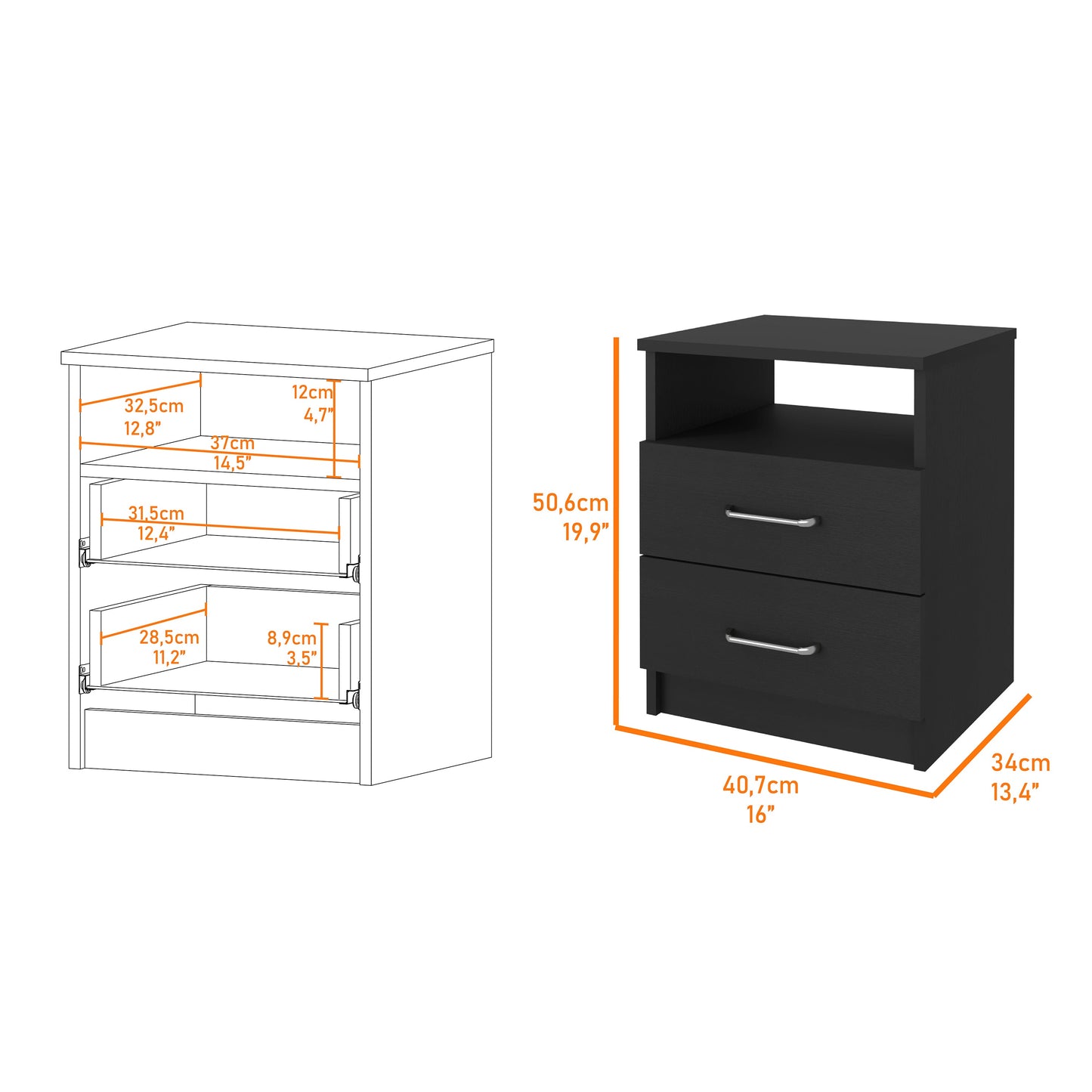 Black bedside table with two drawers and an open shelf