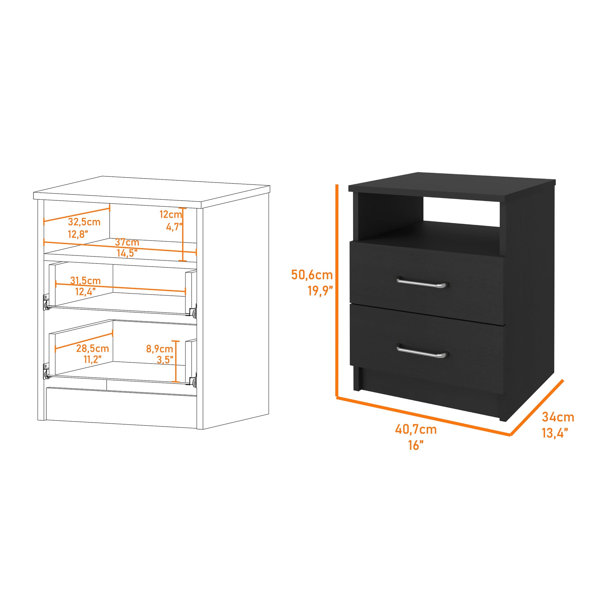 Black bedside table with two drawers and an open shelf