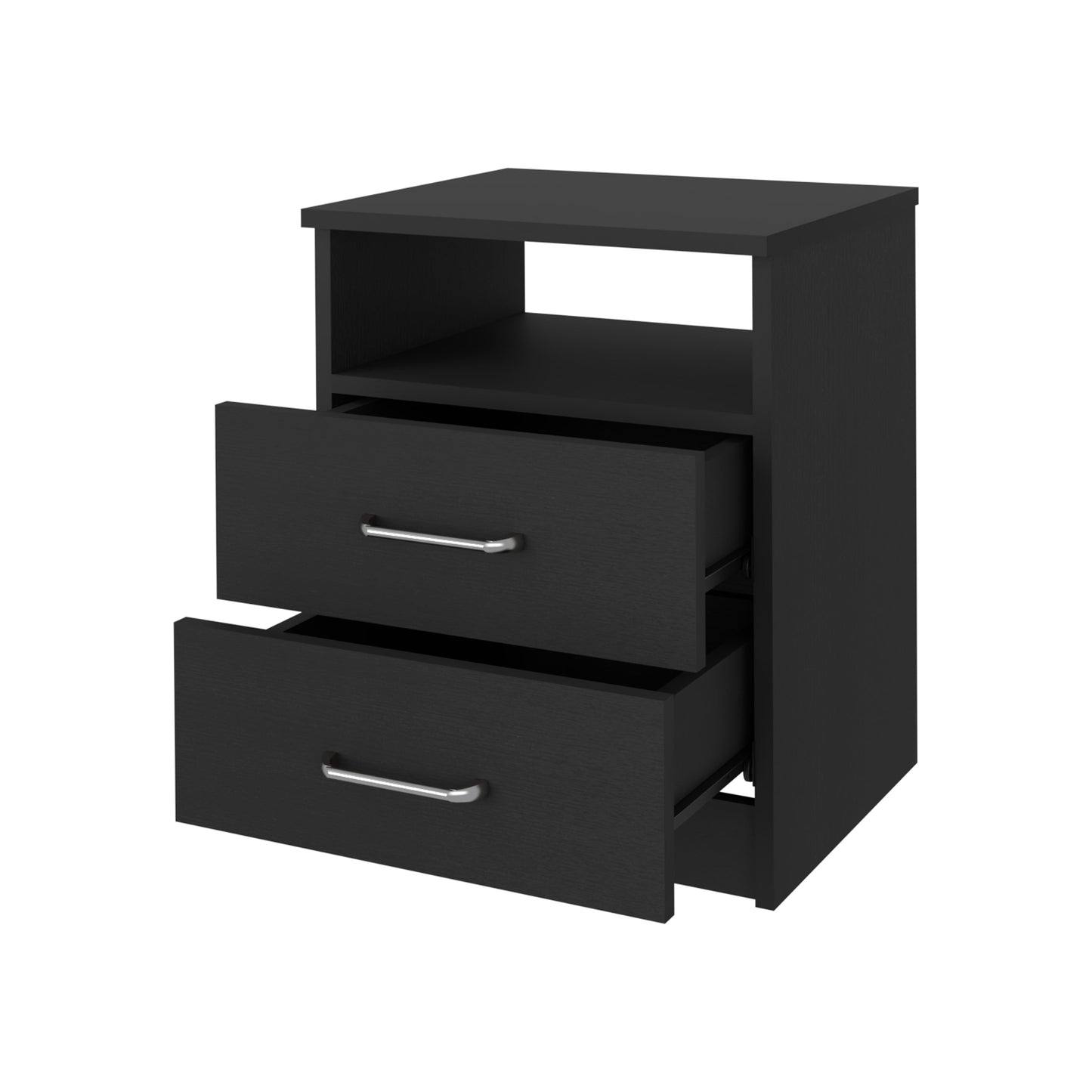 Black twodrawer nightstand with silver handles and open shelf